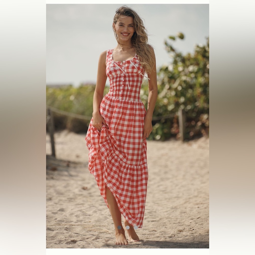 Anthropologie Red and White Gingham Maxi Dress